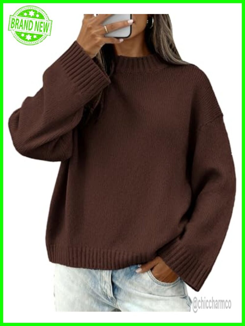 Womens Crewneck Loose Fit Long Sleeve Ribbed Knit Sweater Pullover